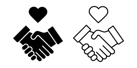 Vector isolated Shaking Hands with Heart icon set in black outline and fill