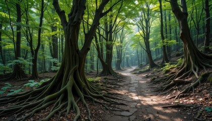 Whispering Trees: A sun-dappled path winds through an enchanting forest, inviting the viewer to wander amidst ancient trees and sprawling roots in this breathtaking scene.