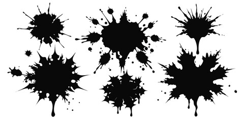 Fototapeta premium Collection of black ink splatter designs on white background showcasing creative abstract paint splashes ready for graphic design applications