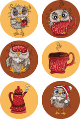 Round Label Stickers Coffee Time Sleepy Owl Cozy