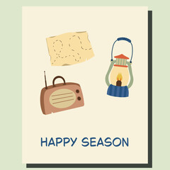 Happy Season Card, Radio and Lantern Gear, Camp Vibes Poster with Cozy Elements, Camping Essentials Illustration