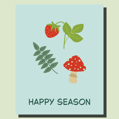 Forest Elements, Strawberry, Fern and Mushroom Poster, Happy Season Nature Illustration Card