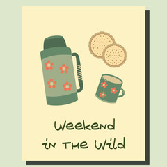 Camping Weekend Poster, Thermos and Cookies, Weekend in the Wild, Cozy Food and Drink Card