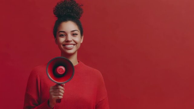 Smiling woman with curly hair holding red megaphone in front of red background expressing happiness confidence communication announcement cheerful communication concept enthusiasm speaker