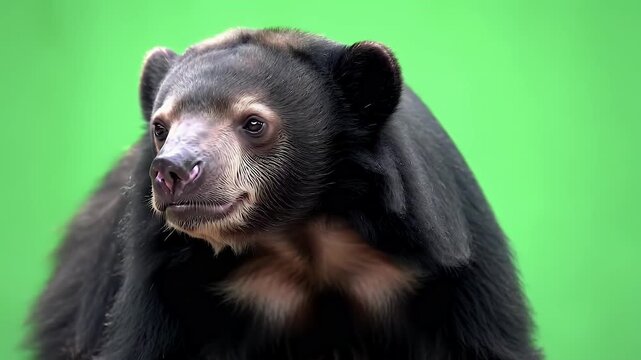 Malayan Sun Bear Portrait Against Vibrant Green Background, Isolated Wildlife Study