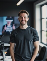 Obraz premium Virtual reality trainer smiling in an immersive factory simulation center
