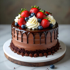 A chocolate cake covered in chocolate buttercream with dramatic dark chocolate drip along the sides, topped with fresh strawberries, blueberries, and a swirl of whipped cream