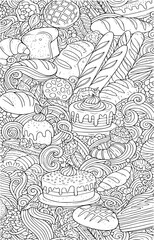 Intricate bakery pattern assorted breads, cakes, and pastries in kawaii style