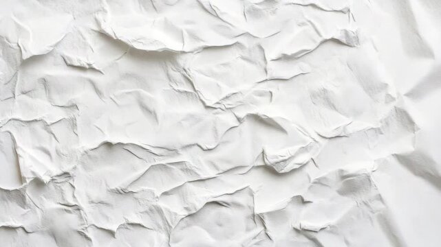 Crumpled white paper texture featuring irregular folds and creases with rough wrinkled surface background, layered torn edges creating abstract pattern perfect for artistic design use and soft