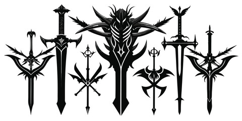 Fototapeta premium Collection of stylized black swords with detailed designs featuring various shapes and decorative elements in a fantasy theme