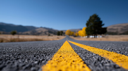 Vertical low-angle view of a long straight asphalt road vanishing into the horizon under a vibrant blue sky with no clouds, surrounded by open desert plains, evoking themes of freedom and exploration.
