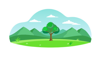 Obraz premium Scenic landscape illustration of green tree mountains and sky vector art for nature background design use