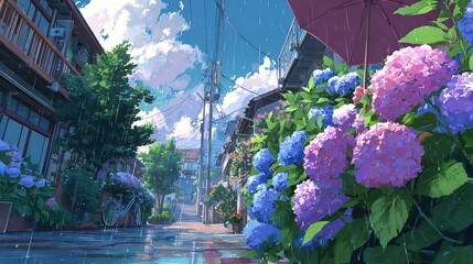 A tranquil rainy day in a Japanese village with vibrant hydrangeas blooming along the street reflected in the wet