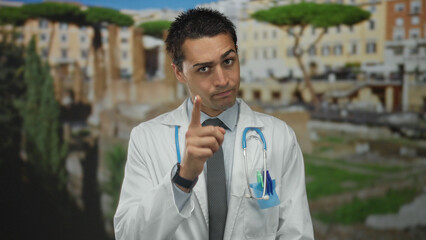 Man wearing white lab coat and stethoscope points finger at camera in front of ancient building ruins; responsibility.