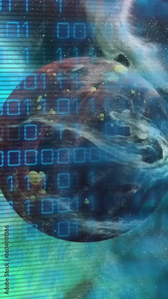 Poster animation of binary code over brown planet