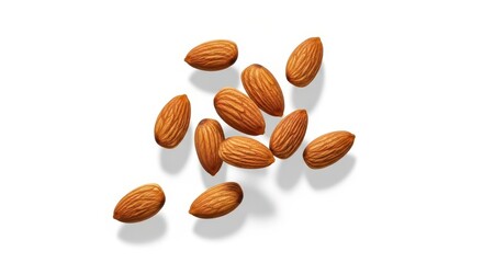 A scattered group of whole raw almonds with their textured brown skins are isolated on a clean white background
