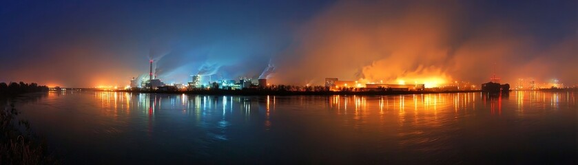 Modern Hydropower Plant Generating Renewable Energy from Flowing Water, Industrial landscape at night with vibrant lights reflecting on water.