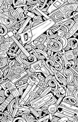A detailed doodle pattern featuring a variety of hand tools and construction equipment