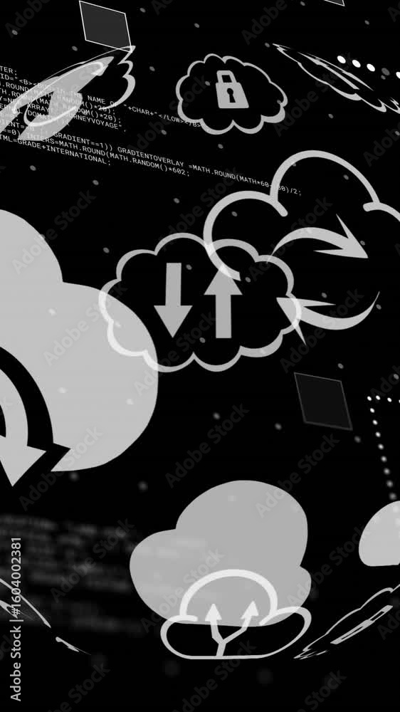 Poster animation of globe with cloud icons and data processing over black background