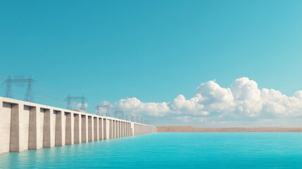 Modern Hydropower Plant Generating Renewable Energy from Flowing Water, Serene landscape with a concrete pier extending into calm blue waters under a clear sky.