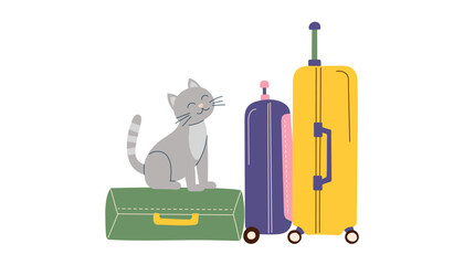 Cat with luggage. Concept of travel with pet. Illustration of cat sitting on the suitcase2. Vector flat clipart.