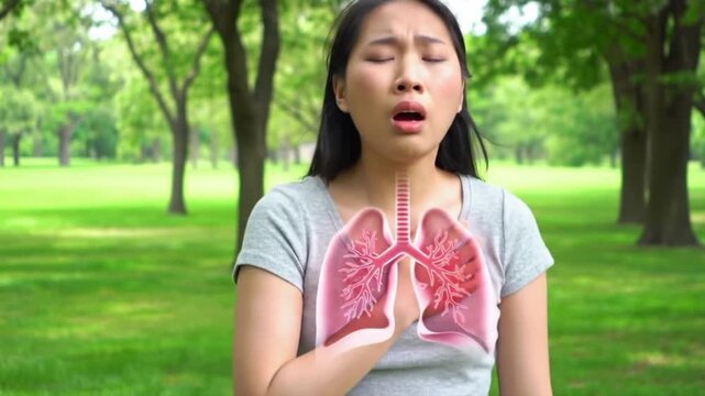 Person having an asthma attack with a VFX animation of lung constriction.