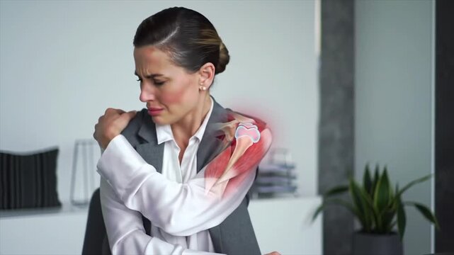 Office worker with shoulder pain and a VFX rotator cuff animation.