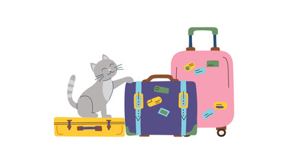 Cat with luggage. Concept of travel with pet. Illustration of cat sitting on the suitcase. Vector flat clipart.