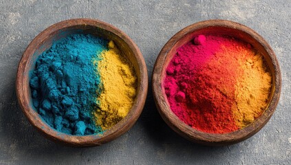Two wooden bowls, vibrant powder colors