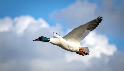Flying duck against a cloudy sky