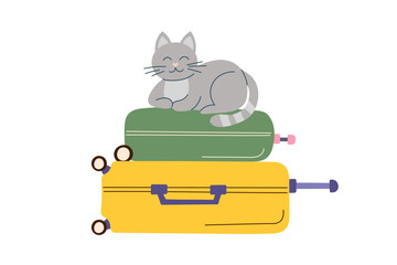 Cat with luggage. Concept of travel with pet. Illustration of cat lying on the suitcases. Vector flat clipart.