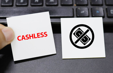 cashless word concept with icon top view paper on office work
