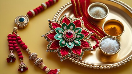 Fototapeta premium Traditional Rakhi with Decorative Thali and Festive Elements on Yellow Background for Raksha Bandhan Celebration – AI-Generated