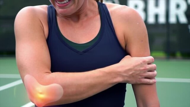 Tennis player feeling elbow pain with a VFX tendon inflammation animation.