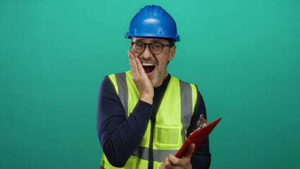 Mature man in safety gear reacting humorously against a vibrant green background holding a clipboard wearing a hardhat and glasses.