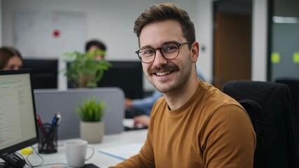A smiling man wearing glasses works at his computer in a modern office environment - Powered by Adobe