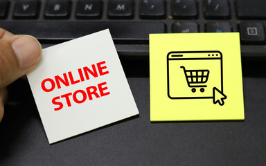 Online Store word concept with icon top view paper on office work