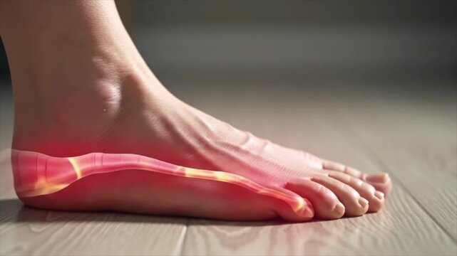 Person feeling sharp foot pain from plantar fasciitis with VFX animation.
