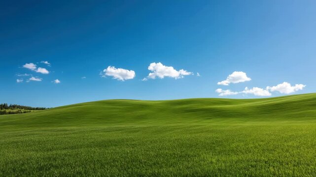 Green hill landscape with blue sky and white clouds bright sunlight, peaceful natural scenery with fresh grass and open field, outdoor nature scene featuring rolling hills and vibrant green grass