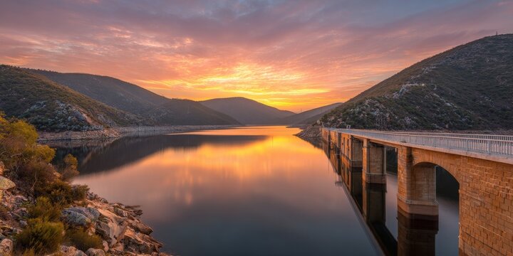 Modern Hydropower Plant Generating Renewable Energy from Flowing Water, Serene sunset over a tranquil lake surrounded by hills and a bridge in the foreground. - Powered by Adobe