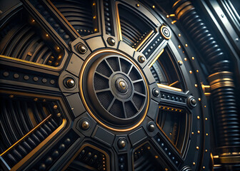 Obraz premium Secure vault door design with radial tech pattern and metallic texture