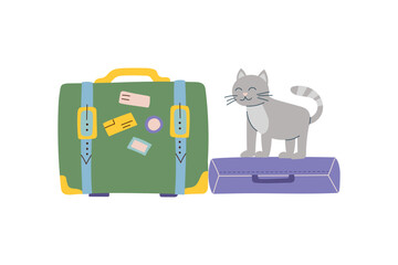 Cat with luggage. Concept of travel with pet. Illustration of cat with suitcases. Vector flat clipart.