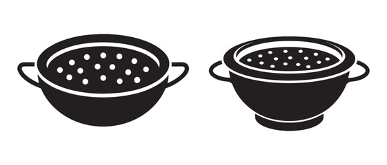 Black and White Colander Silhouettes. Dual Design of Kitchen Straining Tools.