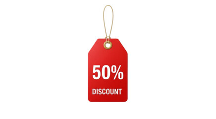 A red price tag with a string showing fifty percent discount on a white background in a promotional image