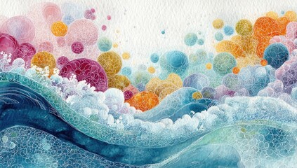 Watercolor waves with colorful bubbles