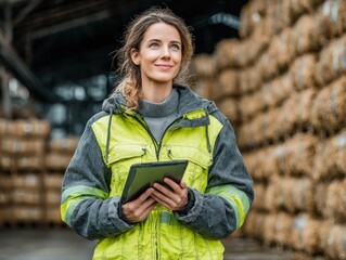 Warehouse worker using tablet for inventory management industrial setting digital content professional environment focused view efficiency concept