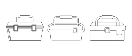 Toolbox Design Comparison. Rectangular, Rounded, and Ribbon-Latched Storage Styles for Workshop Organization.