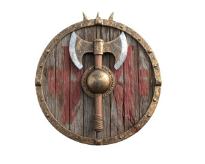 Fototapeta premium Viking shield with crossed battle axe, wooden texture, metal rim, and red painted symbol, evokes strength and ancient warrior spirit, isolated on transparency background
