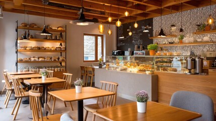 cozy cafe interior, wooden tables and chairs, warm lighting, pastries on counter, inviting and relaxing vibe 