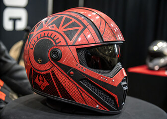 Fototapeta premium Stylish red and black motorbike helmet with geometric tribal patterns and tinted visor
